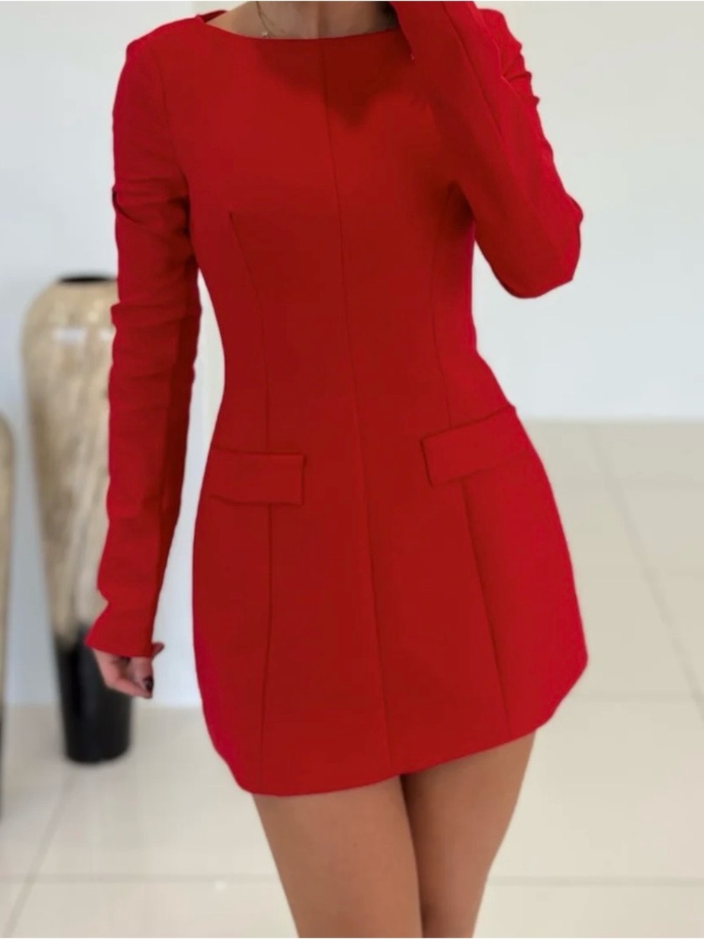 Elegant Red Long-Sleeve Mini Dress